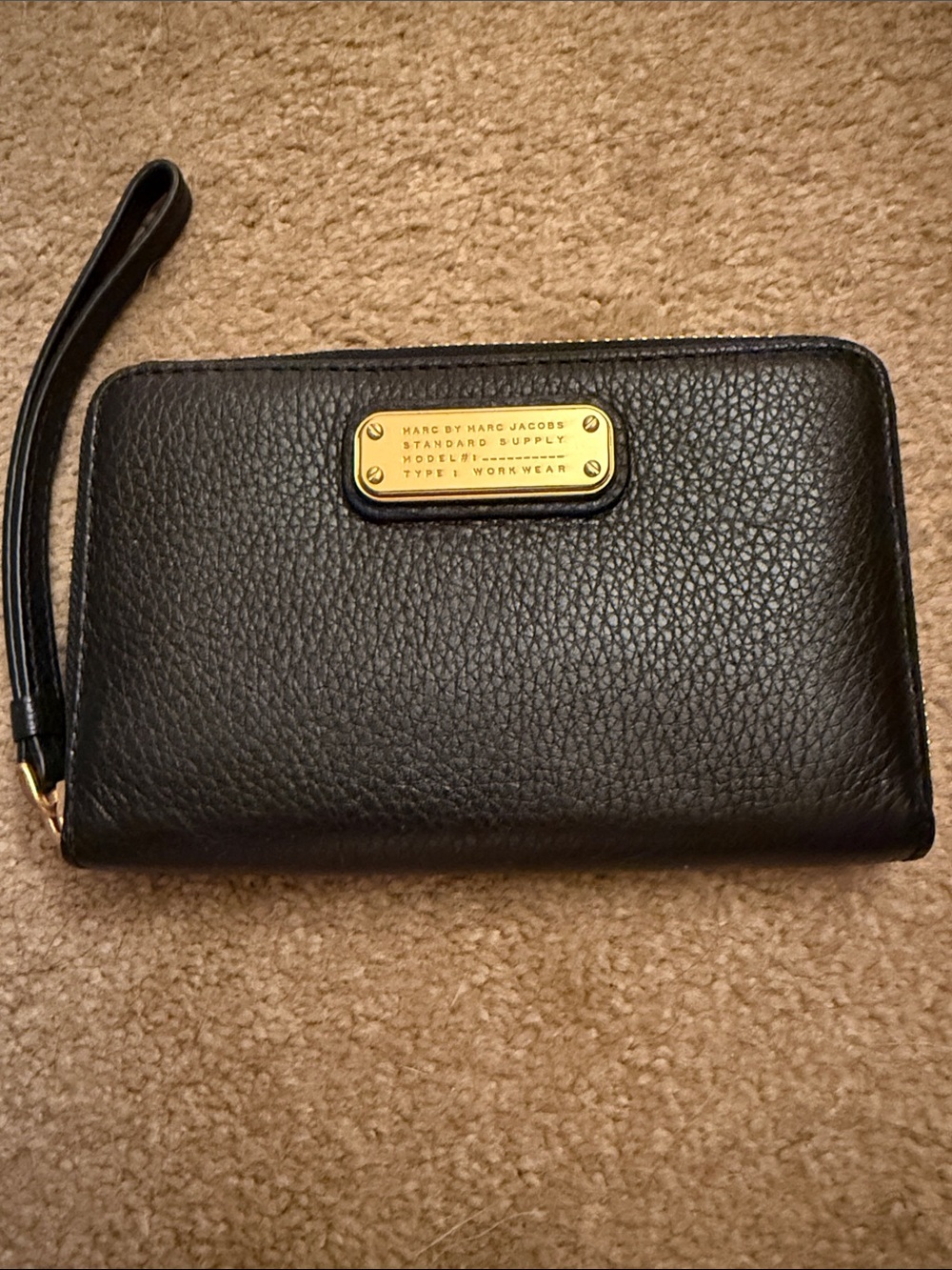 Marc By Marc Jacobs Black Leather Zip-Around Wristlet with Gold Plaque